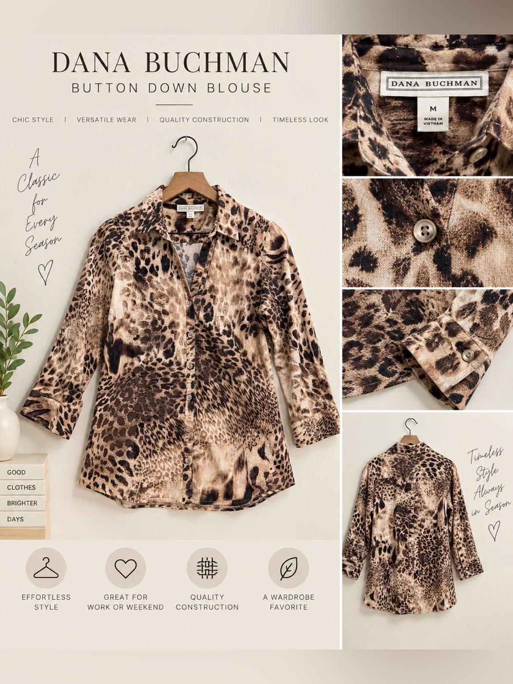 Dana Buchman Animal Print Button-Down Shirt in Brown and Cream